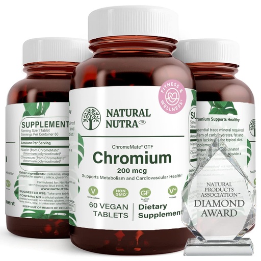 [BRSWGELRAQDWA23X] Natural Nutra GTF Chromium Polynicotinate with ChromeMate, Supports Body Metabolism, Promote Body Health, Cardiovascular Health 200 mcg, 60 Vegan Tablets