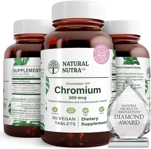 [BRSWGELRAQDWA23X] Xüsusi Nutra GTF Chromium Polynicotinate ChromeMate, Support Body Metabolism, Body Health, Cardiovascular Health 200 mcg, 60 Vegan Tablets