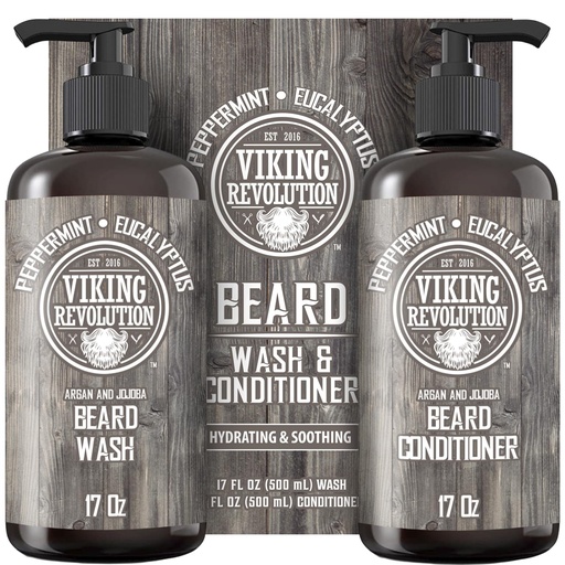 [BRSWGFLYAAMR6HI4] Viking Revolution Beard Wash & Conditioner Set w/Argan & Jojoba Oils – Softens, Smooths & Strengthens Beard Growth - Natural Peppermint and Eucalyptus Scent - Shampoo (17 oz)