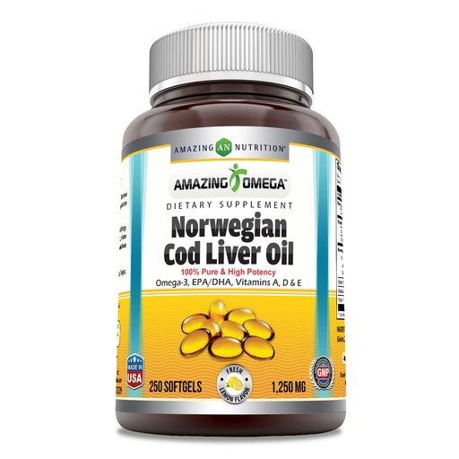 [BRSROZA7OV7R4HTZ] Amazing Omega Norwegian Cod Liver Oil 1250 Mg Softgels Supplement | Omega-3, EPA, DHA, Vitamin A, Vitamin D & Vitamin E (Orange | 250 Count)