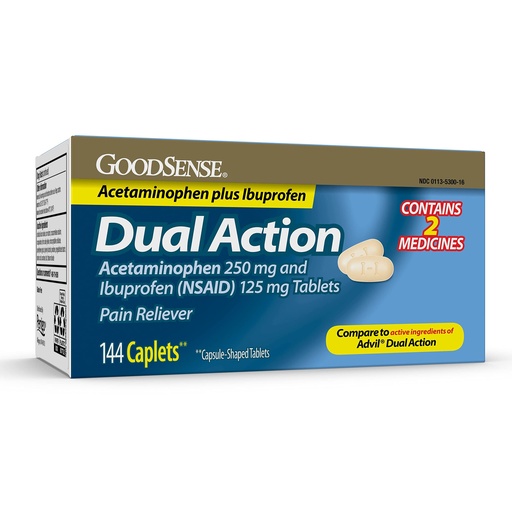 [BRSRMGQFOIMWOEQ2] GoodSense Dual Action Acetaminophen 250 mg and Ibuprofen (NSAID) 125 mg Tablets, Pain Reliever for Headache Relief, Arthritis Pain Relief and More, 144 Count
