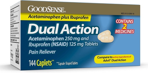 [BRSRMGQFOIMWOEQ2] GoodSense Dual Action Acetamofen 250 mg in Ibuprofen (NSAID) 125 mg tablete, Bolečina Reliever za lajšanje glavobola, Artritis lajšanje bolečine in več, 144 število