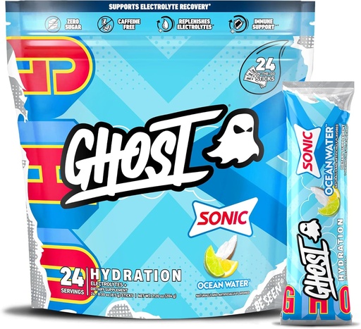 [BRSROCANCN5RQDLB] GHOST Hydration Packets, Sonic Ocean Water, 24 Sticks, Electrolyte Powder - Drink Mix Supplement with Magnesium, Potassium, Calcium, Vitamin C - Vegan, Free of Soy, Sugar & Gluten
