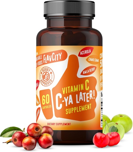 [BRSRMZANOR6RMYLH] FlavCity Vitamin C Supplement, C-Ya Later! Superfood-Derived Immunity Support - Bioavailable Vitamina C Immune Support from Acerola Cherry, Rose HIPS &amp; Camu Camu - 500% Daily Value (60 Capsules)