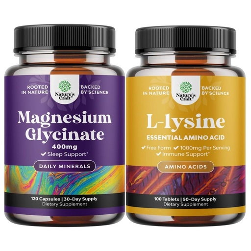 [BRSRMAIYDINWGELV] Bundle of Magnesium Glycinate Capsules for Women & Men for Mood and Relaxation and L-lysine Essential Amino Acids for Eye Health Lip Care Bone Support Immune System Support Muscle Growth