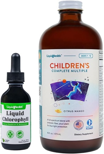 [BRSRAGLQDECREF3Z] LIQUIDHEALTH Liquid Chlorophyll Drops & Children's Complete Multiple Daily Multivitamin Bundle for Kids - Internal Deodorizer, Stop Bad Breath, Reduce Body Odor, Immune Support - Made in USA, Non-GMO