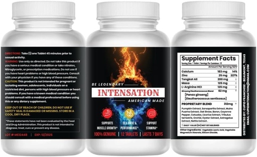[BRSROGD7CJ5QE3YU] INTENSATION - Male Supplement - All Natural Stamina Support - Last Longer - Increase Size, Strength & Stamina - Improve Energy Level - Optimize Vitality - 12 Tablets