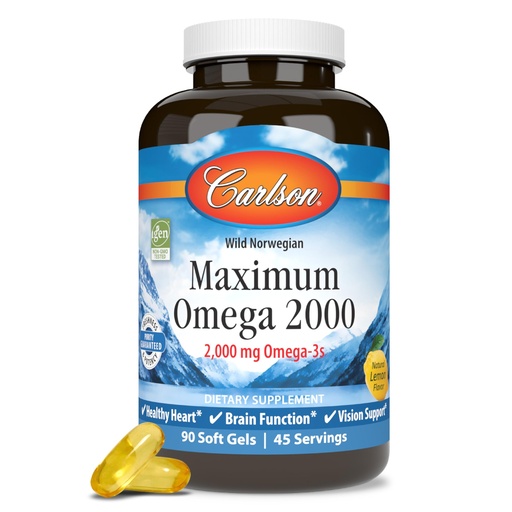 [BRSWECQ5OEGWO3I6] Carlson - Maximum Omega 2000, 2000 mg Omega-3s, Healthy Heart, Brain Function & Vision Support, Lemon, 90 soft gels