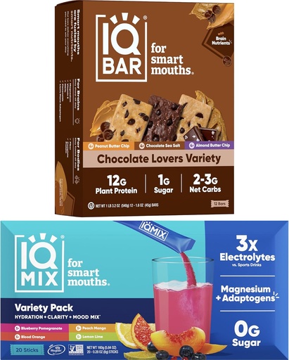 [BRSRM2QOAQCRQAAV] IQBAR Brain and Body Keto Protein Bars - 12 Count Chocolate Lovers Variety Low Carb, Vegan Bars & IQMIX Sugar Free Electrolyte Powder Packets - 20 Count Variety Pack Keto Electrolytes with Lions Mane