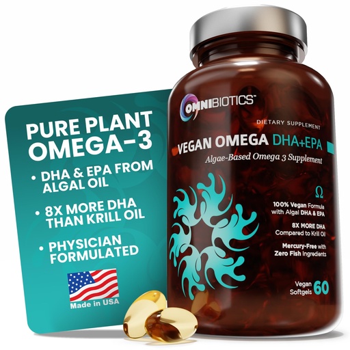 [BRSWKH3ZOZ5B2FQ6] OmniBiotics Vegan Omega 3 DHA EPA Supplement – MD-Certified Prenatal Supplement with 8X More DHA Than Krill Oil, Fish-Free, Non-GMO – 60 Vegan Capsules