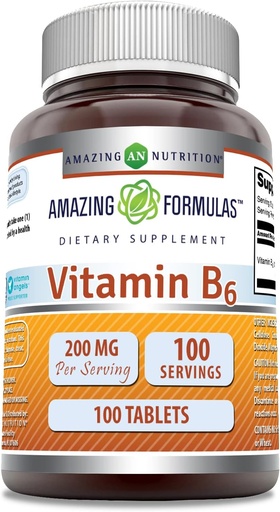 [BRSWGCQOBYMWMALF] Formules étonnantes Vitamine B6 Pyridoxine 200mg 100 Comprimés Suppléments de non-OGM
