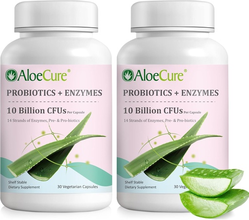 [BRSWYBIOOENR4ADL] AloeCure Daily Probiotics 10 Billion CFU for Digestive Support 8 Strains, 6 Prebiotics & Enzymes - Digestive Supplement with Bromelain for Women & Men - Gut Support, Digestive Relief, 30 Caps x 2btls
