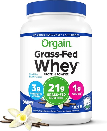 [BRSWKEYIAUJQ2CDU] Orgain Whey Protein Powder, Vanilla Bean-21g Grass Fed Dairy Protein, 5g BCAAs, 3g zuntz prebiotikoa, azukre gehigarririk gabe, Gluten Free, Kosher, Shakes & Smoothies - 1.82lb