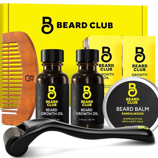 [BRSRAEITOAOWC3Y3] The Beard Club Enhanced Beard Growth Kit - Derma Roller, Beard Growth Oil (2PK), Sandalwood Beard Balm, Comb - Gift Set