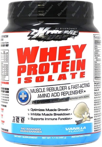 [BRSWIF3RAIOACD3O] Bluebonnet Nutrition Extreme Edge Protein Protein Isolate Powder, Krowy karmione trawą, 26 Gramy białka, No Sugar Added, Nie GMO, Gluten Free, Soy Free, Kosher Dairy, 1 lb, 15 Sługi, Vanilla Flavor