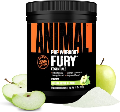 [BRSWKHD3CYMQAD3J] Animal Fury Pre Workout אבקה - גרין אפל, 350 מ"ג קפאין, BCAA Amino Acids, 2g Beta Alanine, Citrulline & Tyrosine, Energy, Focus, Power, Endurance, Preworkout for Men & Women, 20 משרתים