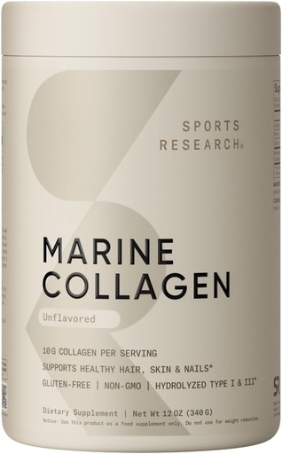 [BRSWKH3ZO4NGEE3C] Sports Research Marine Collagen Peptides Powder - Fuente de Wild-Caught Fish, Pescatarian Friendly, Keto Certified " Non-GMO Verified - Easy to Mix in Water or Juice! (34 Servings)