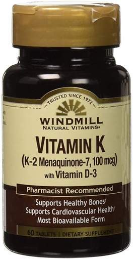 [BRSWECQKOJ5WGALU] Windmill Natural Vitamins Vitamin K (K-2 Menaquinone-7, 100mcg) 60 Tablets (Pack of 1)