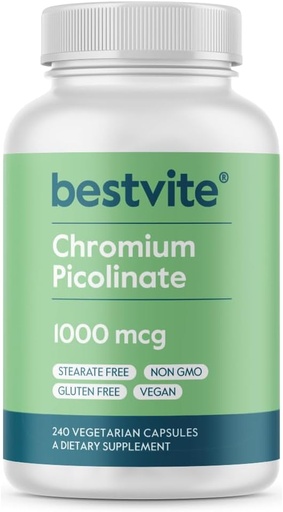 [BRSWGYYFO56WCADJ] BESTVITE Cromo Picolinato 1000mcg (240 capsule vegetariane) - No Stearates - No Dicalcium Phosphate - Vegan - Gluten Free - Non OGM