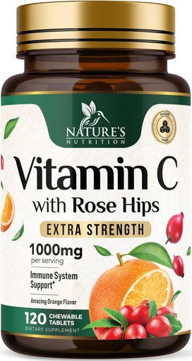 [BRSRAEIFDEJRGDTA] Vitamin C Chewable 1000mg - Extra Strength Antioxidants for Powerful Immune Support w/Vitamin C & Rose HIPS - Potent Dietary VIT C Chews Supplement, Natural Orange Flavor, Vegan, Non-GMO - 120 Tablets