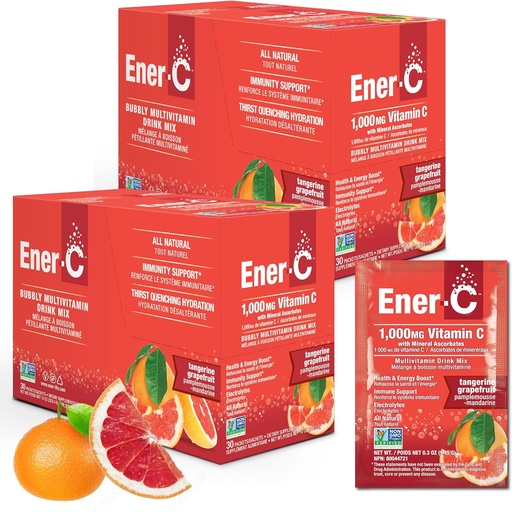 [BRSWKYAMC4PWYG3I] Ener-C Tangerine & Grapefruit Multivitamin Drink Mix, 1000mg Vitamin C, Non-GMO, Vegan, echte Fruchtsaftpulver, natürliche Immunität Unterstützung, Elektrolyte, Glutenfrei, 2-Packs von 30 (60 Count)