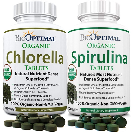 [BRSWYEILBYHBADIU] BioOptimal Chlorella Spirulina - Bundle - Organic Chorella Tablets & Organic Spirulina Tablets, 120 Count Each, Premium Quality 4 Organic Certifications