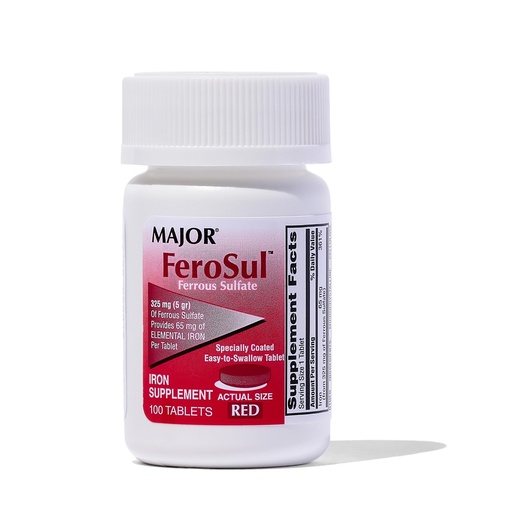 [BRSWKEY2OIGB6HTG] Major Ferosul - Ferrous Sulfate 325mg Tablets with 65mg of Elemental Iron - Iron Supplement for Women, Men - Red - 100 Tablets - Pack of 1