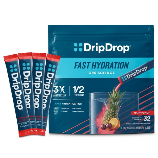 [BRSW2ZQYAFYWOCQ6] DripDrop Hydration Packets - Fruit Punch - Single Serve Electrolytes Powder Drink Mix - Non-GMO, Gluten Free, Vegan - 32 Sticks