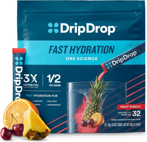 [BRSW2ZQYAFYWOCQ6] DripDrop Hydration Pakker - Frugt Punch - Single Serve Electrolytes Powder Mix - Non-GMO, Gluten Free, Vegan - 32 sticks
