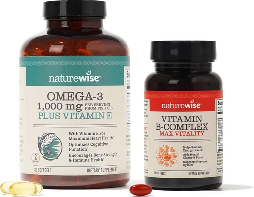 [BRSRAYYYCJ7WAFI6] NatureWise 1000mg Omega 3 600mg EPA 400mg DHA with Vitamin E 180ct & Vitamin B Complex for Cellular Energy 60 Softgels[2-Month]