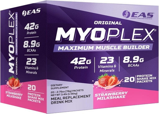 [BRSRMZYFDJ6AGDYZ] EAS Original Myoplex Maximum Muscle Builder | Meal Replacement Protein Drink Mix | Quality Protein Blend | 42g Protein | 20 Individual Packets (Strawberry Milkshake)