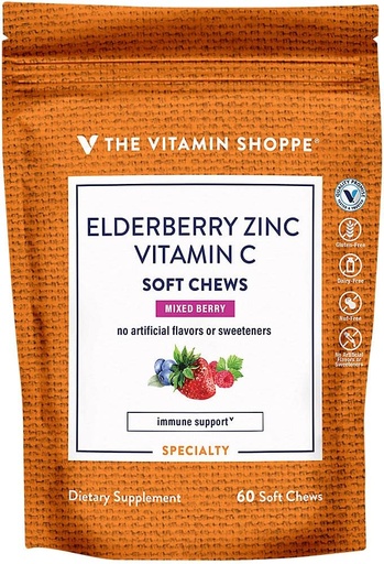 [BRSWYH32DF5QEDI6] Elderberry, Zinc & Vitamin C Soft Chews - Immune Support - Mixed Berry (60 Soft Chews)