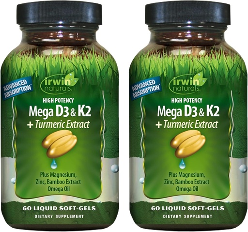 [BRSWYHAPBN6A2A3O] Irwin Naturals High Potency Mega D3 & K2 + Turmeric Extract — 60 Liquid Soft-Gels - 2 Pack