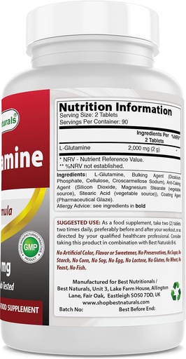 [BRSRMCYCDIFAECLB] Best Naturals L-Glutamine 1000 mg & Ashwagandha Extract 500 Mg
