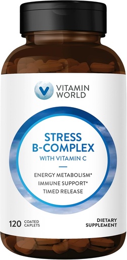 [BRSWGZQ6OJ6AI3DD] Vitamin World Stress Vitamin B Komplex s vitaminem C, Načasovaná verze high- potency vitamin B6, B12, Niacin, Folát a Biotin pro stres, Energie, Metabolismus a imunitní podpora, Non- GMO, 120 Kaplet