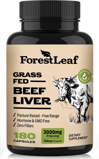 [BRSW2BQZCUMBAYLH] ForestLeaf Grass Feed Beef Pečeň Kapsule, 3000mg Per Serving, Podpora plná imunita & Body Wellnes, Čistenie, Trvanlivosť, Prírodné železo, Vitamín A a B12, Mrazenie Sušené Hovädzie mäso Pečeň Supplement, 180 Caps