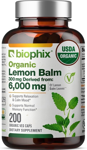 [BRSROFTQOAMWGC35] biophix Lemon Balm Capsules USDA Organic 20:1 Extract 300 mg 200 Veggie Caps - Cognitive Health Stress Sleep Mood Support Natural Herbal Supplement