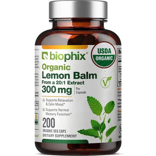 [BRSROFTQOAMWGC35] biophix Organic Lemon Balm Capsules 300 Mg USDA Organic, 20:1 Extract, Supports Relaxation, Calm Mood, Memory & Focus, Stress & Sleep, Non-GMO, Vegan, 200 Veggie Capsules