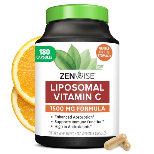 [BRSWGZQYCAHRS3IZ] Zenwise Health Enhanced Absorption Liposomal Vitamin C Supplement - 1500mg Liposomal VIT C for Immune Support, Antioxidant & Natural Energy Boost - Organic & Gluten Free - Unflavored, 180 Capsules