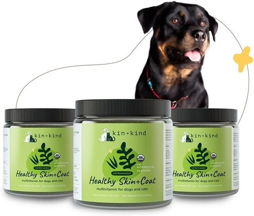 [BRSRAZ33AB7BOHL5] kin+kind Organic Multivitamin for Dogs & Cats - Pet Supplement for Healthy Skin and Coat - Safe, Natural Formula with Wheatgrass, Kelp, Seaweed and Coconut - Made in USA - Bundle (3 x 8 oz)