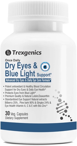 [BRSRMAD2A54GO2Q2] Trexgenics Dry Eyes & Blue Light Support Once Daily Vegetarian Formula with Lutein 10mg, Zeaxanthin 2mg, Bilberry, Ginkgo, Pine Bark, Vitamin C, Zinc & Vitamin A (30 Veg Capsules)