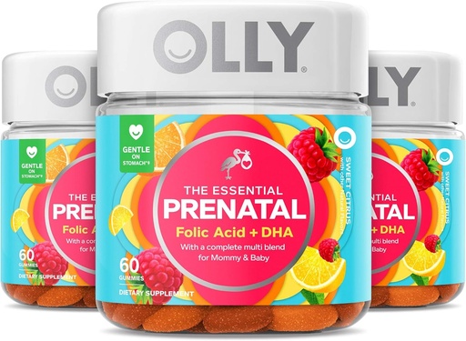 [BRSWYFQECMCQI2YZ] Olly Prenatal Multivitamin Gummy, Folic Acid, Vitamin D, Omega DHA, Chewable Supplement, 60 Gummies Citrus 3 Count
