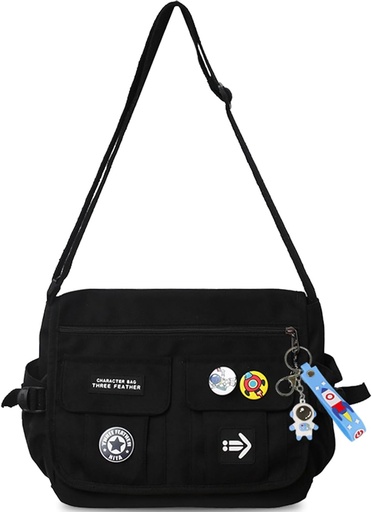 [BRSRAY35BAPRA2TP] Fashion Crossbody Bag with Cute Accessories Nylon Casual Messenger Bag with Pendant Lightweight Handbag Travel Daypacks (Black)