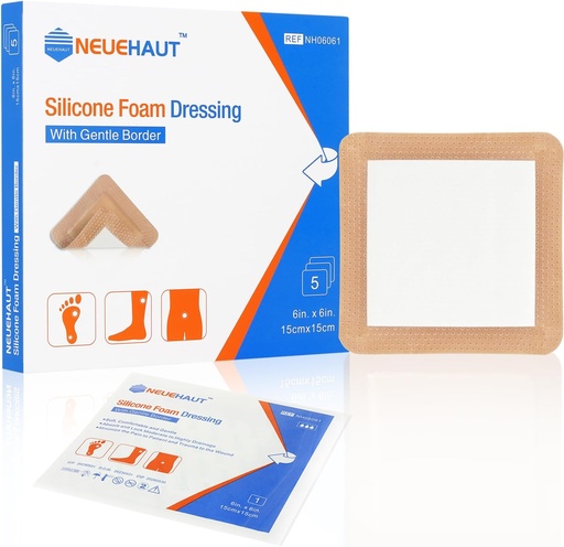 [BRSROYIBA4MRUAAV] Silicone Foam Dressing with Gentle Adhesive Border 6''x6'', Bed Sore Pressure Ulcer Leg Ulcer Silicone Wound Bandage, High Absorbency Waterproof, 5 Pack by NeueHaut