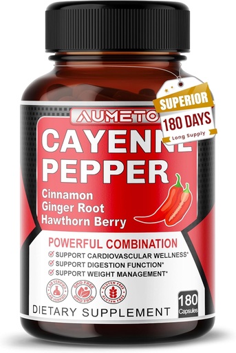 [BRSROHQ5DMFW2GTZ] Cayenne Pepper Capsules - Ultra Complex con Cinnamon, Ginger, Cardamom, Hawthorn Berry - Digestione di supporto, Circolazione & Benessere generale (180 Conteggio (Pack of 1))