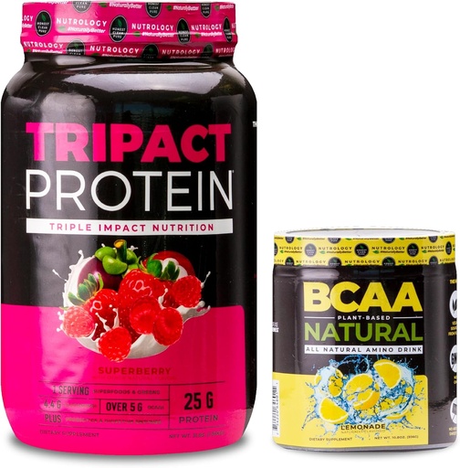 [BRSRAZY2BAFGAD3L] Nutrologi TRIPACT proteinpulver, 7-i-1 måltid erstatningshake, Superberry (40 serveringer) BCAA naturlig, plantebasert BCAA pulver, sitronade flavor (30 serveringer)