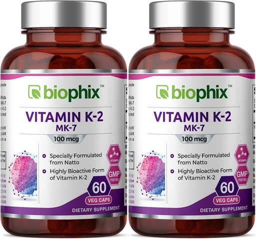 [BRSWKYQ5BBYB6F3E] biophix Vitamin K2 MK-7-100 mcg 60 Vcaps 2 Pack - Supports Strong Bones Immune Health