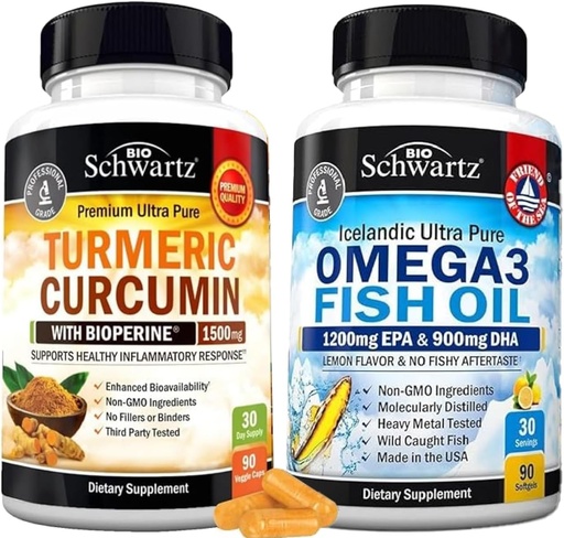 [BRSRMCY5BMPBECT6] Triple Strength Omega 3 Fish Oil Softgels (1 Month Supply) Plus Turmeric Curcumin with Black Pepper Extract 1500mg Complex (1 Month Supply)