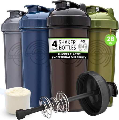 [BRSRMBARPIJQO23O] GOMOYO [4-Pack] 28-Ounce Shaker Bottle | Bulk Protein Shaker Bottle with Action-Rod Wire Mixer | Shaker Cups Sets are BPA Free and Dishwasher Safe | Moss, Gray, Navy, & Black