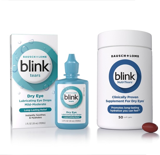 [BRSRAYL7OYAQG3QZ] BLINK 泪液润滑眼滴, 1 fl oz(30 mL) 中度干眼眼的眼科护理, 用于促进水分营养的Hyaluronate 临床证明的干眼补充剂, 50 软胶